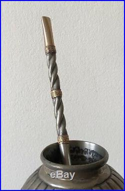 Fine Vintage Argentinian Silver Yerba Mate Cup With A Silver And 18k Gold Straw