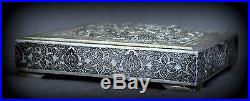 Fine antique engraved birds solid silver marked gilt persian box 340 gramms