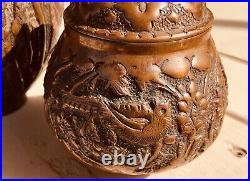 Gorgeous Pair Of Old Middle Eastern /Persian Copper Vases With Sugar Cube Bowl