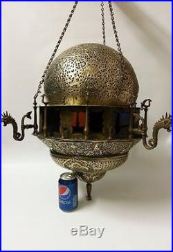 HUGE ANTIQUE 19th C PERSIAN ISLAMIC MAMLUK REVIVAL OPEN WORK BRASS MOSQUE LAMP