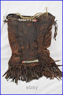 Handmade Antique Bedouin Middle Eastern Leather Goods Carrier With seashell