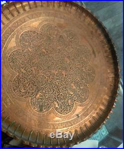 Huge 26 Antique Persian Etched Copper Tray Round wall mount Unidentified