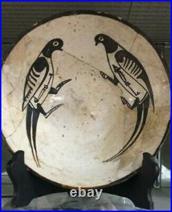Important antique Islamic middle eastern Nishapur bowl w 2 parrots as callig. 9c