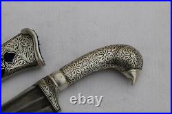 Indo-persian mughal islamic traditional sikh silver inlay engraved kard dagger