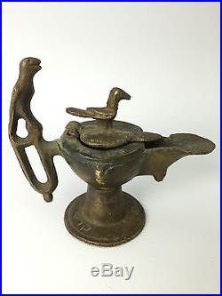 Islamic Bronze Khorasan Oil Lamp with Birds & Engraved Arabic Writings