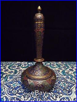 Islamic/Middle Eastern, Antique Indo Persian SURAHI ENAMEL BOTTLE Kashmir 1880