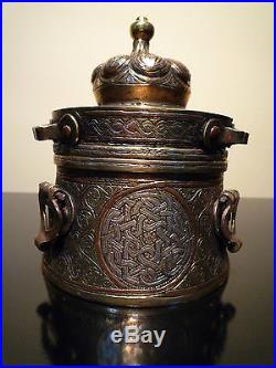 Islamic/ Middle Eastern, Oriental Khorasan Bronze Silver & Copper Inlaid Inkwell