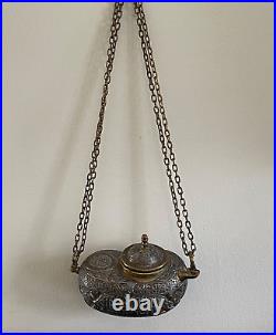 Islamic Ottoman Kashkul Silvery Brass Offering Lidded Bowl with Copper Inlay