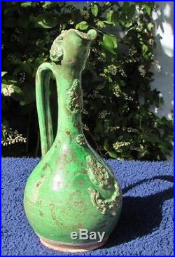 LARGE ANTIQUE 19thC TURKISH CANAKKALE GREEN GLAZED POTTERY EWER JUG