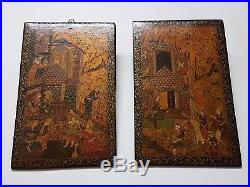 LARGE FINE PAIR ANTIQUE PERSIAN QAJAR ISLAMIC PAINTED WOODEN PLAQUES By IMAMI
