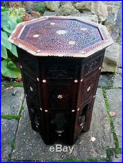 LARGE60cm ANTIQUE ISLAMIC OCTAGONAL CARVED INLAID SIDE TABLE