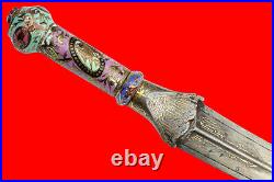 Large 18th C. Islamic Turkish Wootz Damascus Dagger with Enamel & Gold Inlaid Grip