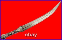 Large 18th C. Islamic Turkish Wootz Damascus Dagger with Enamel & Gold Inlaid Grip