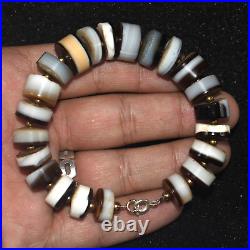 Large Ancient Middle Eastern Yemeni Banded Agate Dzi Stone Bead Bracelet