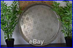 Large Antique Eastern White Metal Zinc Engraved Tray Platter Centrepiece