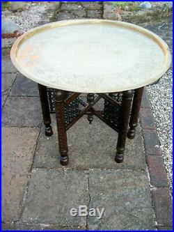 Large Antique Islamic Carved Folding Side Table With Brass Tray Top