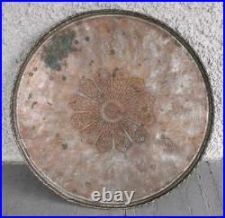 Large Antique Persian Hand Hammered Copper Tray Table Top. Round Circular Design