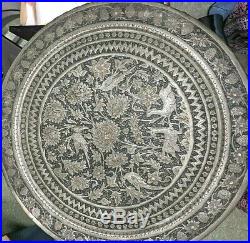 Large Antique Persian Round Tray Hammered Copper Handcrafted Birds Deer OLD 23