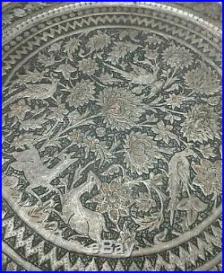 Large Antique Persian Round Tray Hammered Copper Handcrafted Birds Deer OLD 23