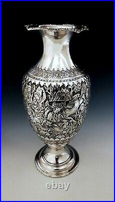 Large Antique Persian Style Middle Eastern Qajar Islamic Solid Silver Vase 882g