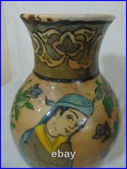 Large Antique Qajar Dynasty Persian Pottery Ceramic Vase Deity Man Woman Flowers