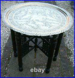 Large Carved Antique Indian Folding Side Table With Brass Tray Top