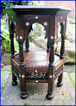 Large Hexagonal Antique Islamic Carved Wooden Inlaid Side Table With Shelf