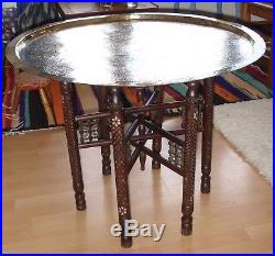 Large Ornate Moroccan Brass Circular Tray with wooden table stand