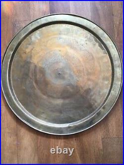 Large Vintage Egyptian Hand Made Decorative Round Brass Tray Or Table Top
