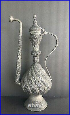 Large antique Middle Eastern Islamic Turkish Engraved Tinned Copper Ewer H21.75