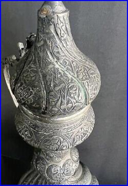 Large antique Middle Eastern Islamic Turkish Engraved Tinned Copper Ewer H21.75