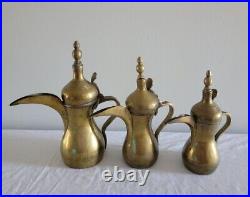 Lot of 3 ANTIQUE DALLAH COFFEE TEA POT BRASS COPPER TURKISH ARAB ISLAMIC