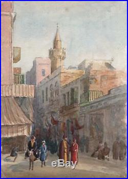 MIDDLE EASTERN STREET SCENE EGYPT Antique Watercolour Painting c1900 ORIENTALIST