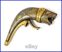 MUGHAL INDIAN KOFTGARI Gold Inlaid TIGER'S HEAD POWDER FLASK Early 19th Century