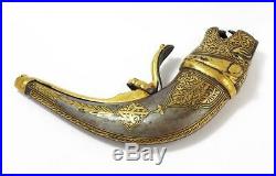 MUGHAL INDIAN KOFTGARI Gold Inlaid TIGER'S HEAD POWDER FLASK Early 19th Century