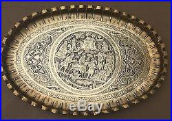 Magnificent Vintage Persian qalamzani Oval Brass Tray Signed Azarbaijani