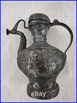 Middle Eastern Antique Copper Metal Teapot Ewer Pitcher Turkish Tatar Engraved