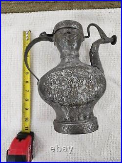 Middle Eastern Antique Copper Metal Teapot Ewer Pitcher Turkish Tatar Engraved