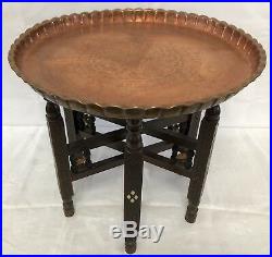 Middle Eastern Antique Hammered Copper Tray Table with Carved Wood Folding Stand