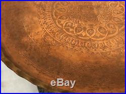 Middle Eastern Antique Hammered Copper Tray Table with Carved Wood Folding Stand