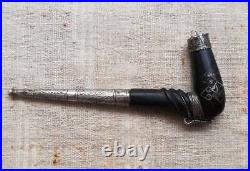 Middle Eastern Antique Silve Wood Pipe Silver Brass Inlaid Collectable RaRe