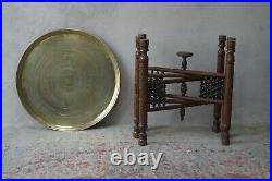 Middle Eastern Antique Table with Brass Tray Hand Carved Folding Base