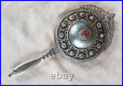 Middle Eastern Antique silver Hand Mirror Stone brass Collectable Handmade Rare