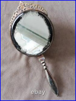 Middle Eastern Antique silver Hand Mirror Stone brass Collectable Handmade Rare