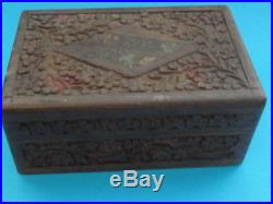 Middle Eastern Carved Wood + Inlay Trinket Box Antique