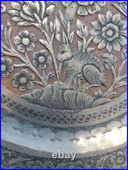 Middle Eastern Copper Etched Plate Scallop Edge Birds Rabbit Floral Signed 11
