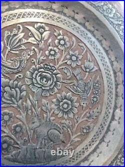 Middle Eastern Copper Etched Plate Scallop Edge Birds Rabbit Floral Signed 11
