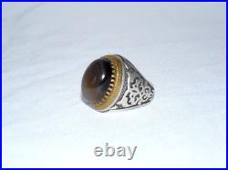 Middle Eastern Sterling 925 Silver Gray Brown Large Agate Cabochon Ring