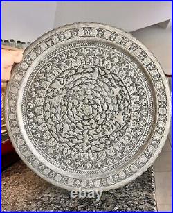 Middle eastern Silver On Copper Persian 19 Engraved Platter