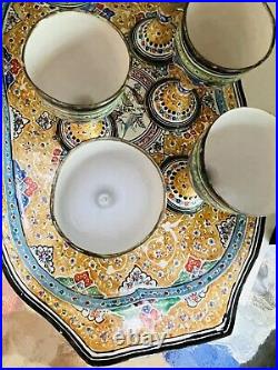 Mina Kari Hand Painted Enamel Wine Cups Tray Vintage Enamelware Pheasant Floral